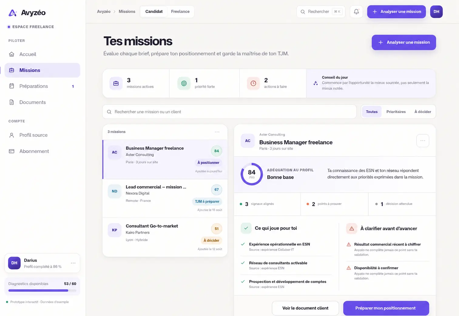 Espace Avyzéo Freelance affichant une mission, son adéquation au profil et les points à clarifier.